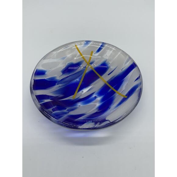 Cobalt Blue White Mottle Art Glass Trinket Dish Bowl 1” x 4" With Yellow Accent - Picture 4 of 9